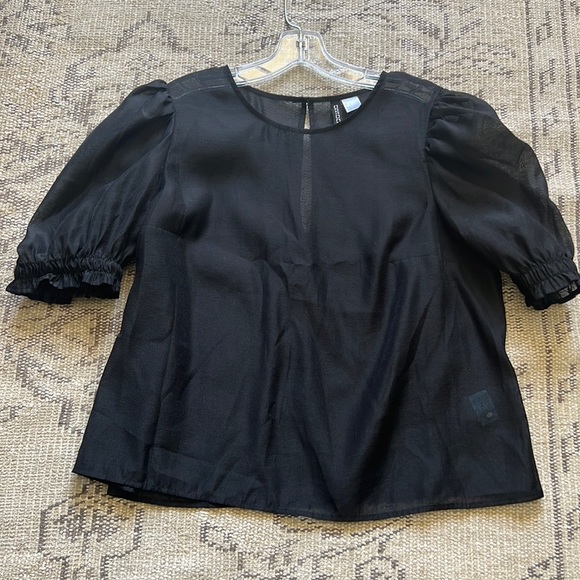 Divided black puffy sleeve sheer top - Picture 1 of 5